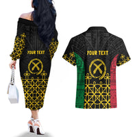 Vanuatu Indipendens Dei Couples Matching Off The Shoulder Long Sleeve Dress and Hawaiian Shirt Tribal Sand Drawing LT7 - Polynesian Pride