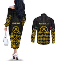 Vanuatu Indipendens Dei Couples Matching Off The Shoulder Long Sleeve Dress and Long Sleeve Button Shirt Tribal Sand Drawing LT7 - Polynesian Pride