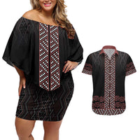Maori Taniko Patterns Couples Matching Off Shoulder Short Dress and Hawaiian Shirt Brown Niho Taniwha Mix Paatiki Motifs LT7 Brown - Polynesian Pride