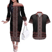 Maori Taniko Patterns Couples Matching Off The Shoulder Long Sleeve Dress and Hawaiian Shirt Brown Niho Taniwha Mix Paatiki Motifs LT7 Brown - Polynesian Pride