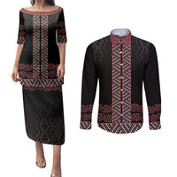 Maori Taniko Patterns Couples Matching Puletasi and Long Sleeve Button Shirt Brown Niho Taniwha Mix Paatiki Motifs