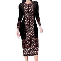 Maori Taniko Patterns Family Matching Long Sleeve Bodycon Dress and Hawaiian Shirt Brown Niho Taniwha Mix Paatiki Motifs LT7 Mom's Dress Brown - Polynesian Pride
