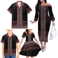 Maori Taniko Patterns Family Matching Off The Shoulder Long Sleeve Dress and Hawaiian Shirt Brown Niho Taniwha Mix Paatiki Motifs LT7 - Polynesian Pride