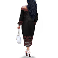 Maori Taniko Patterns Family Matching Off The Shoulder Long Sleeve Dress and Hawaiian Shirt Brown Niho Taniwha Mix Paatiki Motifs LT7 - Polynesian Pride