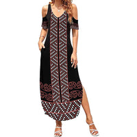 Maori Taniko Patterns Family Matching Summer Maxi Dress and Hawaiian Shirt Brown Niho Taniwha Mix Paatiki Motifs LT7 Mom's Dress Brown - Polynesian Pride