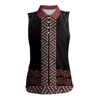 Maori Taniko Patterns Women Sleeveless Polo Shirt Brown Niho Taniwha Mix Paatiki Motifs LT7 Female Brown - Polynesian Pride