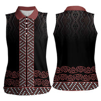 Maori Taniko Patterns Women Sleeveless Polo Shirt Brown Niho Taniwha Mix Paatiki Motifs LT7 - Polynesian Pride
