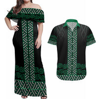 Maori Taniko Patterns Couples Matching Off Shoulder Maxi Dress and Hawaiian Shirt Pounamu Niho Taniwha Mix Paatiki Motifs LT7 Green - Polynesian Pride