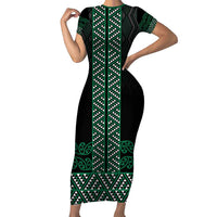Maori Taniko Patterns Family Matching Short Sleeve Bodycon Dress and Hawaiian Shirt Pounamu Niho Taniwha Mix Paatiki Motifs LT7 Mom's Dress Green - Polynesian Pride