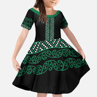 Maori Taniko Patterns Family Matching Tank Maxi Dress and Hawaiian Shirt Pounamu Niho Taniwha Mix Paatiki Motifs LT7 Daughter's Dress Green - Polynesian Pride