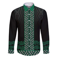Maori Taniko Patterns Family Matching Tank Maxi Dress and Hawaiian Shirt Pounamu Niho Taniwha Mix Paatiki Motifs LT7 Dad's Shirt - Long Sleeve Green - Polynesian Pride