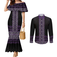 Maori Taniko Patterns Couples Matching Mermaid Dress and Long Sleeve Button Shirt Purple Niho Taniwha Mix Paatiki Motifs LT7 Purple - Polynesian Pride