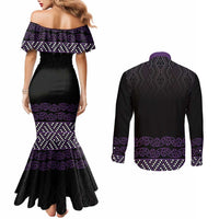 Maori Taniko Patterns Couples Matching Mermaid Dress and Long Sleeve Button Shirt Purple Niho Taniwha Mix Paatiki Motifs LT7 - Polynesian Pride