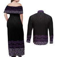 Maori Taniko Patterns Couples Matching Off Shoulder Maxi Dress and Long Sleeve Button Shirt Purple Niho Taniwha Mix Paatiki Motifs LT7 - Polynesian Pride