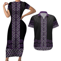 Maori Taniko Patterns Couples Matching Short Sleeve Bodycon Dress and Hawaiian Shirt Purple Niho Taniwha Mix Paatiki Motifs LT7 Purple - Polynesian Pride