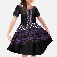 Maori Taniko Patterns Family Matching Mermaid Dress and Hawaiian Shirt Purple Niho Taniwha Mix Paatiki Motifs LT7 Daughter's Dress Purple - Polynesian Pride