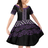 Maori Taniko Patterns Family Matching Off Shoulder Short Dress and Hawaiian Shirt Purple Niho Taniwha Mix Paatiki Motifs LT7 Daughter's Dress Purple - Polynesian Pride