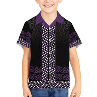 Maori Taniko Patterns Family Matching Off Shoulder Short Dress and Hawaiian Shirt Purple Niho Taniwha Mix Paatiki Motifs LT7 Son's Shirt Purple - Polynesian Pride
