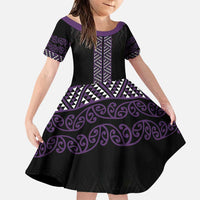 Maori Taniko Patterns Family Matching Puletasi and Hawaiian Shirt Purple Niho Taniwha Mix Paatiki Motifs LT7 Daughter's Dress Purple - Polynesian Pride