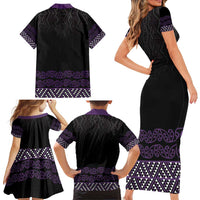 Maori Taniko Patterns Family Matching Short Sleeve Bodycon Dress and Hawaiian Shirt Purple Niho Taniwha Mix Paatiki Motifs LT7 - Polynesian Pride