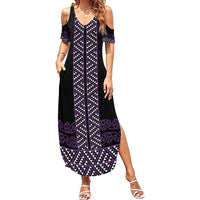 Maori Taniko Patterns Family Matching Summer Maxi Dress and Hawaiian Shirt Purple Niho Taniwha Mix Paatiki Motifs LT7 Mom's Dress Purple - Polynesian Pride
