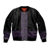 Maori Taniko Patterns Sleeve Zip Bomber Jacket Purple Niho Taniwha Mix Paatiki Motifs
