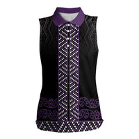 Maori Taniko Patterns Women Sleeveless Polo Shirt Purple Niho Taniwha Mix Paatiki Motifs LT7 Female Purple - Polynesian Pride