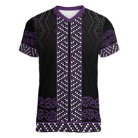 Maori Taniko Patterns Women V-Neck T-Shirt Purple Niho Taniwha Mix Paatiki Motifs LT7 Female Purple - Polynesian Pride