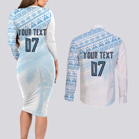 Fiji Rugby Custom Kaiviti Masi Couples Matching Long Sleeve Bodycon Dress and Long Sleeve Button Shirt Turquoise LT7 - Polynesian Pride