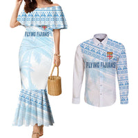 Fiji Rugby Custom Kaiviti Masi Couples Matching Mermaid Dress and Long Sleeve Button Shirt Turquoise LT7 Turquoise - Polynesian Pride