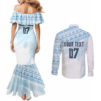 Fiji Rugby Custom Kaiviti Masi Couples Matching Mermaid Dress and Long Sleeve Button Shirt Turquoise LT7 - Polynesian Pride