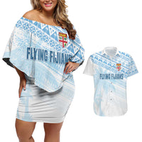 Fiji Rugby Custom Kaiviti Masi Couples Matching Off Shoulder Short Dress and Hawaiian Shirt Turquoise LT7 Turquoise - Polynesian Pride