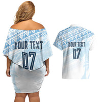 Fiji Rugby Custom Kaiviti Masi Couples Matching Off Shoulder Short Dress and Hawaiian Shirt Turquoise LT7 - Polynesian Pride