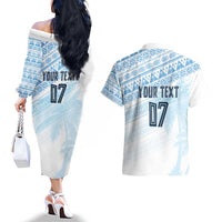 Fiji Rugby Custom Kaiviti Masi Couples Matching Off The Shoulder Long Sleeve Dress and Hawaiian Shirt Turquoise LT7 - Polynesian Pride