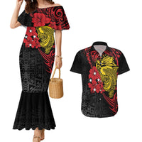 Papua New Guinea 49th Independence Day Couples Matching Mermaid Dress and Hawaiian Shirt Motuan Revareva Bird-of-Paradise LT7 Black - Polynesian Pride