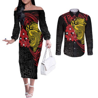 Papua New Guinea 49th Independence Day Couples Matching Off The Shoulder Long Sleeve Dress and Long Sleeve Button Shirt Motuan Revareva Bird-of-Paradise LT7 Black - Polynesian Pride