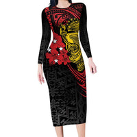 Papua New Guinea 49th Independence Day Family Matching Long Sleeve Bodycon Dress and Hawaiian Shirt Motuan Revareva Bird-of-Paradise LT7 Mom's Dress Black - Polynesian Pride