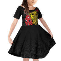 Papua New Guinea 49th Independence Day Family Matching Off Shoulder Short Dress and Hawaiian Shirt Motuan Revareva Bird-of-Paradise LT7 Daughter's Dress Black - Polynesian Pride