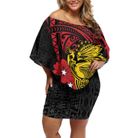 Papua New Guinea 49th Independence Day Off Shoulder Short Dress Motuan Revareva Bird-of-Paradise LT7 Women Black - Polynesian Pride