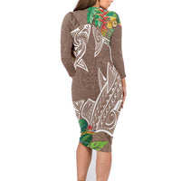 Polynesia Family Matching Long Sleeve Bodycon Dress and Hawaiian Shirt Sharks Duo Tropical Brown LT7 - Polynesian Pride