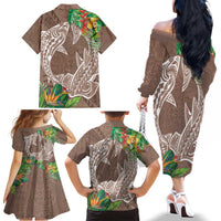 Polynesia Family Matching Off The Shoulder Long Sleeve Dress and Hawaiian Shirt Sharks Duo Tropical Brown LT7 - Polynesian Pride