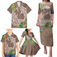 Polynesia Family Matching Puletasi and Hawaiian Shirt Sharks Duo Tropical Brown