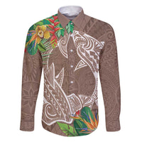 Polynesia Family Matching Short Sleeve Bodycon Dress and Hawaiian Shirt Sharks Duo Tropical Brown LT7 Dad's Shirt - Long Sleeve Brown - Polynesian Pride