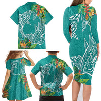 Polynesia Family Matching Long Sleeve Bodycon Dress and Hawaiian Shirt Sharks Duo Tropical Teal LT7 - Polynesian Pride