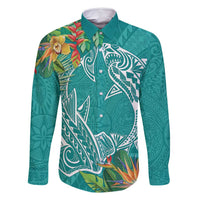 Polynesia Family Matching Mermaid Dress and Hawaiian Shirt Sharks Duo Tropical Teal LT7 Dad's Shirt - Long Sleeve Teal - Polynesian Pride