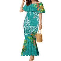 Polynesia Family Matching Mermaid Dress and Hawaiian Shirt Sharks Duo Tropical Teal LT7 Mom's Dress Teal - Polynesian Pride