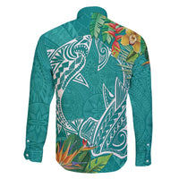 Polynesia Family Matching Off The Shoulder Long Sleeve Dress and Hawaiian Shirt Sharks Duo Tropical Teal LT7 - Polynesian Pride
