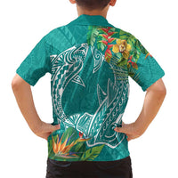 Polynesia Family Matching Off Shoulder Maxi Dress and Hawaiian Shirt Sharks Duo Tropical Teal LT7 - Polynesian Pride