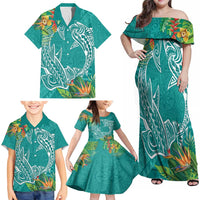 Polynesia Family Matching Off Shoulder Maxi Dress and Hawaiian Shirt Sharks Duo Tropical Teal LT7 - Polynesian Pride