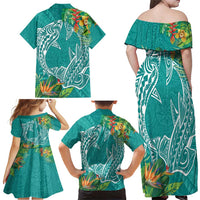 Polynesia Family Matching Off Shoulder Maxi Dress and Hawaiian Shirt Sharks Duo Tropical Teal LT7 - Polynesian Pride